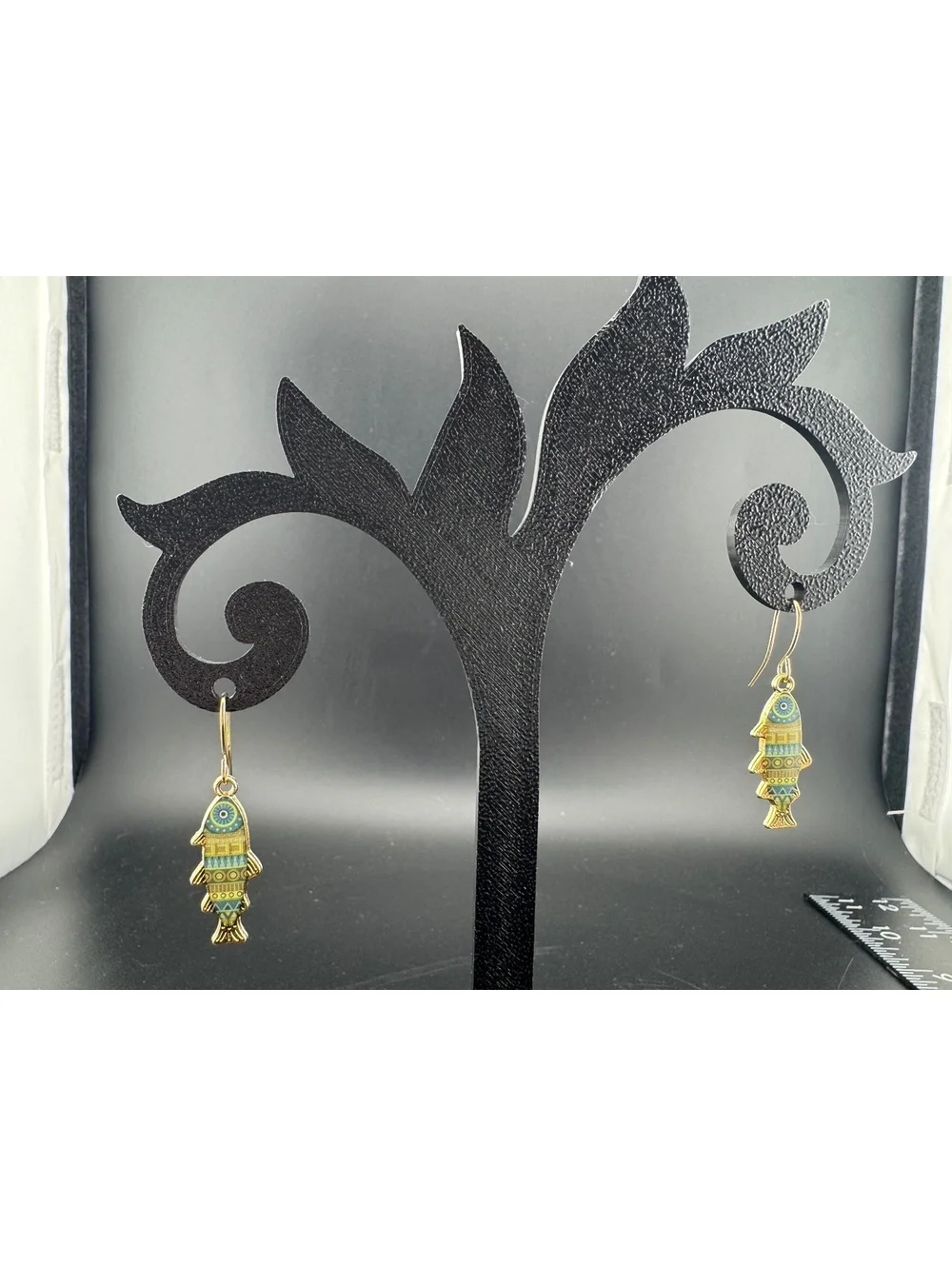 Gold and Blue Patterned Fish Hook Dangle Earrings